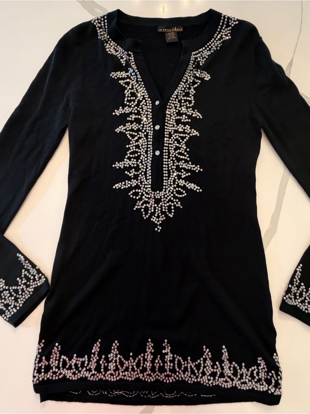 Le Superbe Black Embellished V-Neck Long-Sleeve Tunic